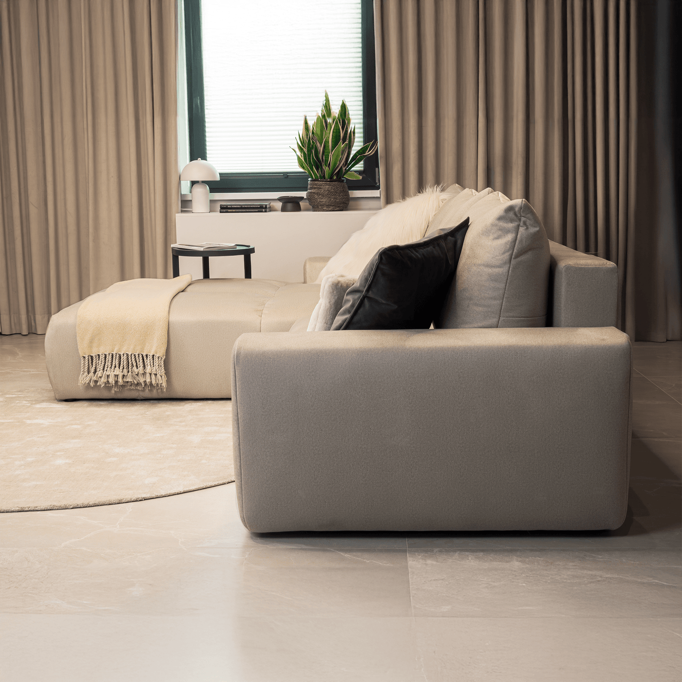 LYGIE Canapé d'angle convertible avec coffre en velours beige - Angle gauche - Canapé d'angle convertible - Mobilier Deco