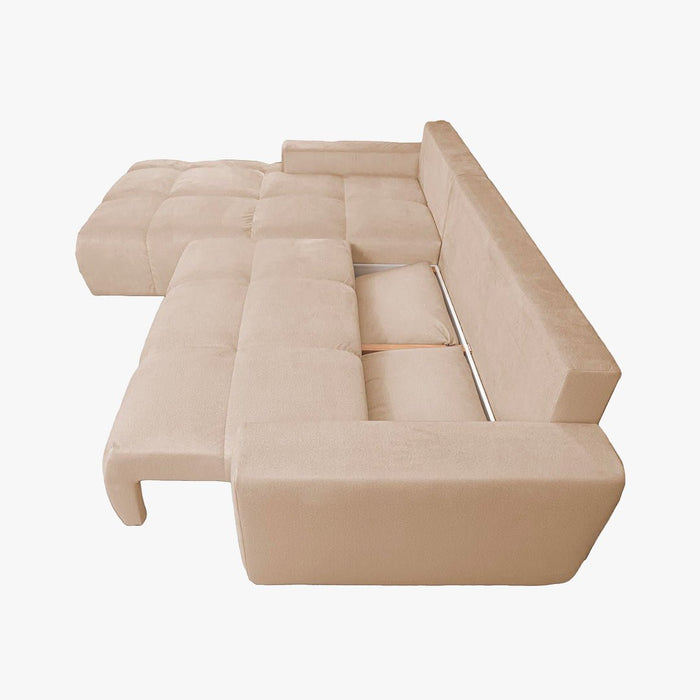 LYGIE Canapé d'angle convertible avec coffre en velours beige - Angle gauche