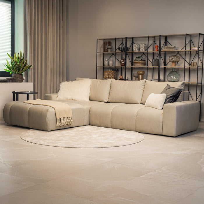 LYGIE Canapé d'angle convertible avec coffre en velours beige - Angle gauche