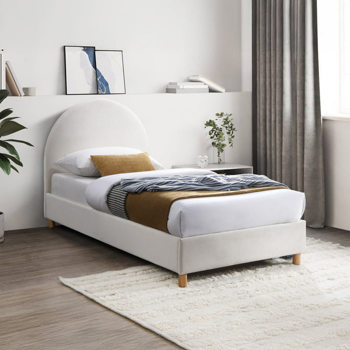 LYS Lit simple en velours blanc écru pieds en bois 90x190 cm