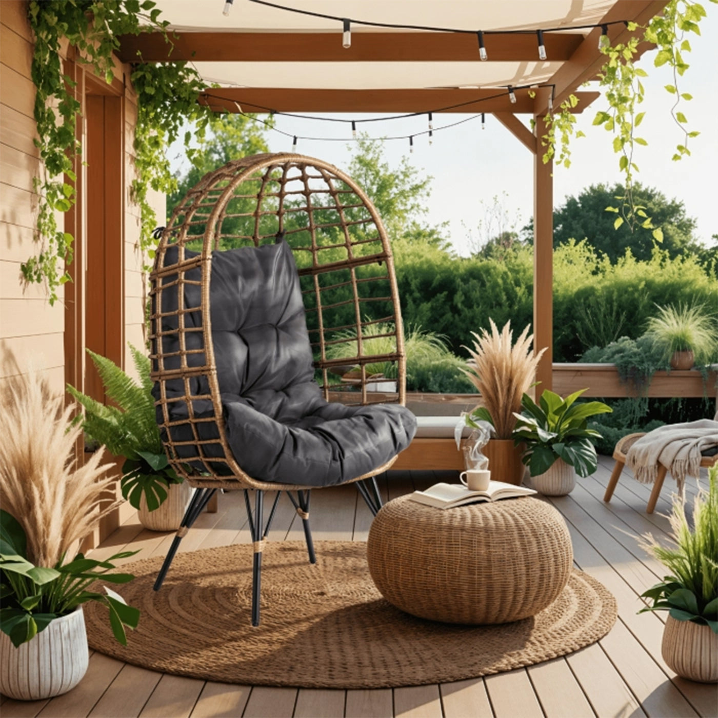 MADISON Fauteuil de jardin couleur bois et gris foncé pieds en métal noir