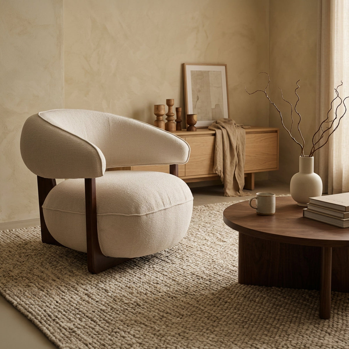 MAEL Fauteuil en tissu texturé blanc écru pieds en bois foncé - Fauteuils - Mobilier Deco