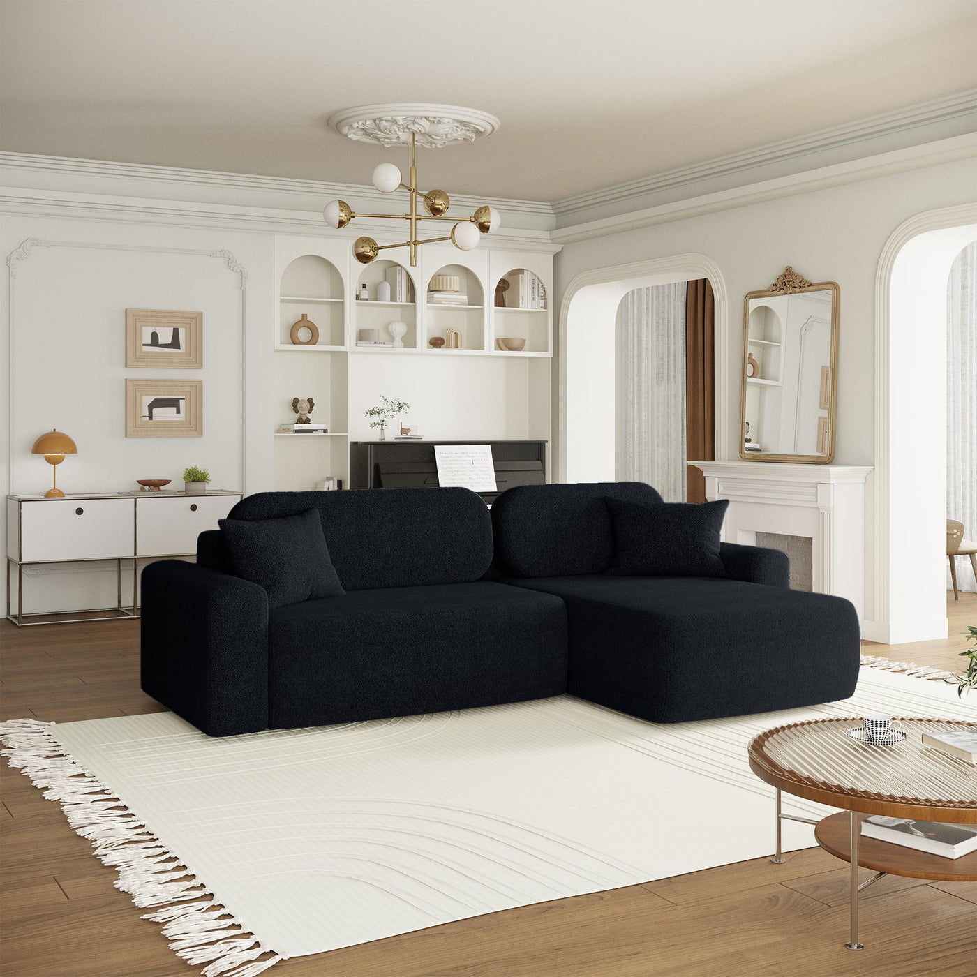MAJI Canapé d'angle réversible convertible avec coffre en tissu noir