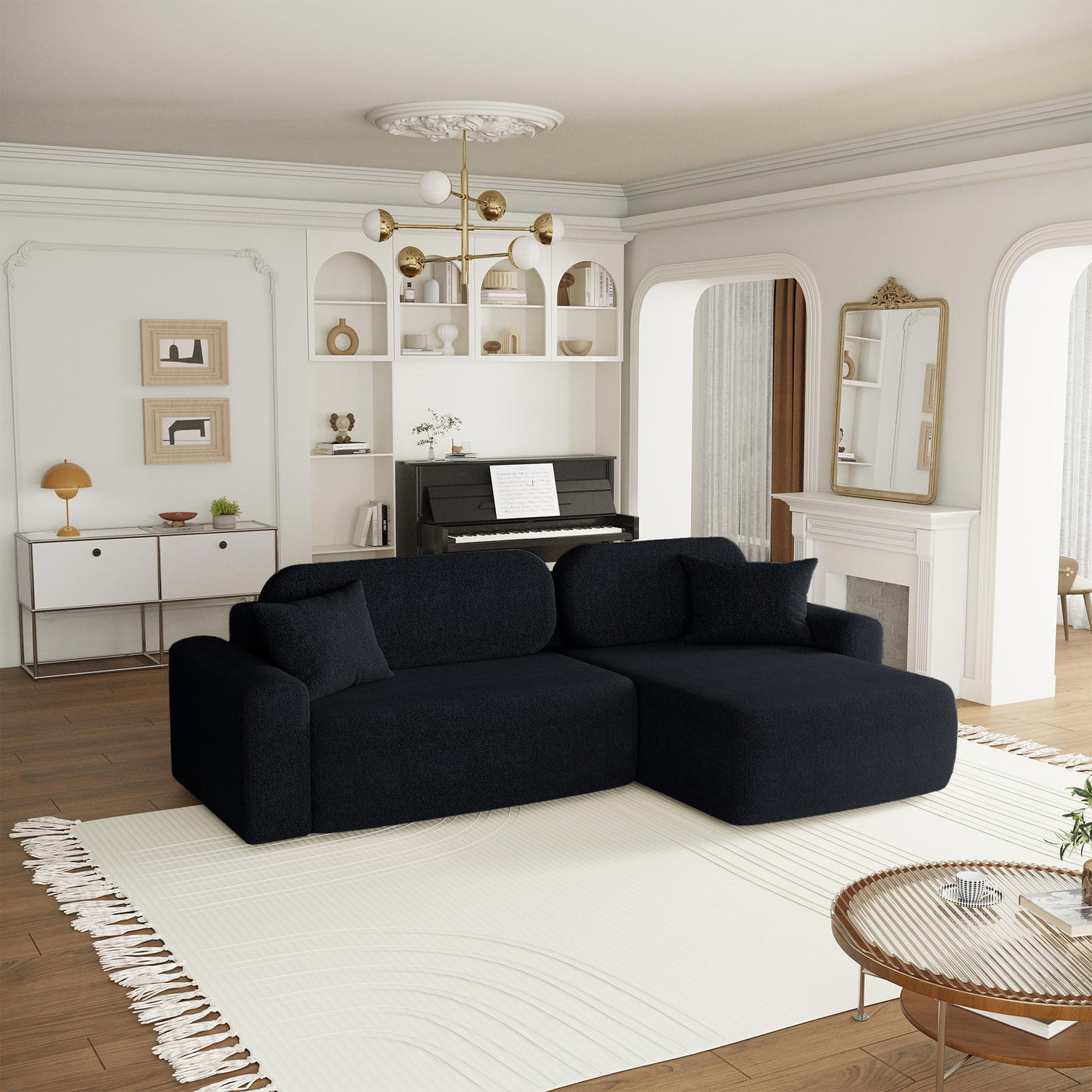 MAJI Canapé d'angle réversible convertible avec coffre en tissu noir