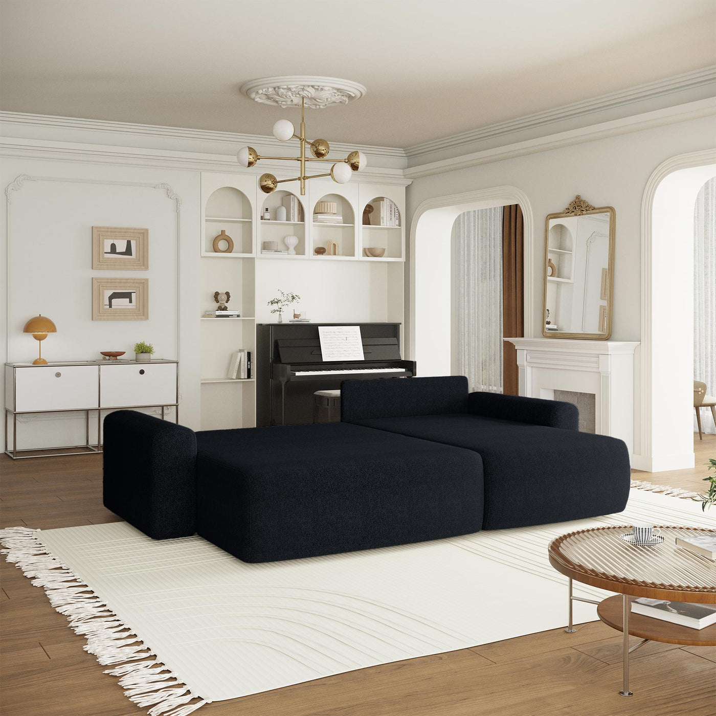 MAJI Canapé d'angle réversible convertible avec coffre en tissu noir