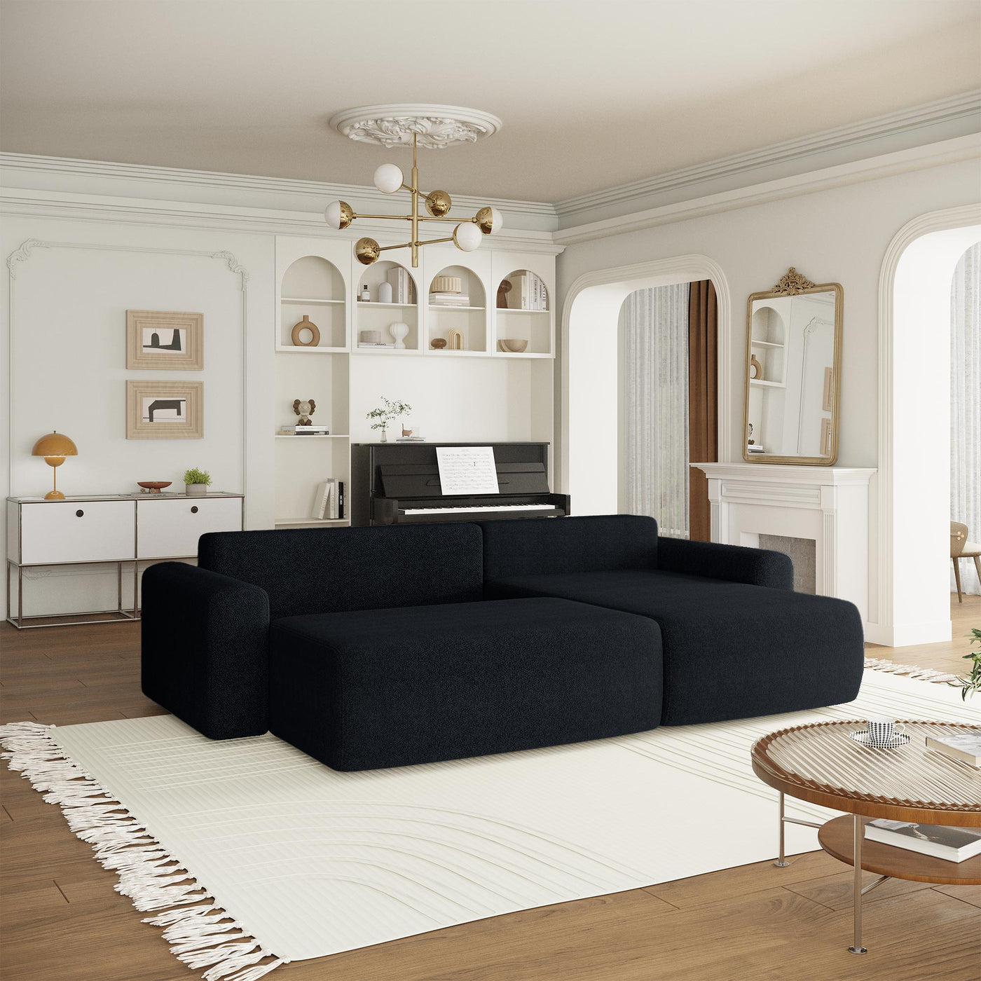 MAJI Canapé d'angle réversible convertible avec coffre en tissu noir