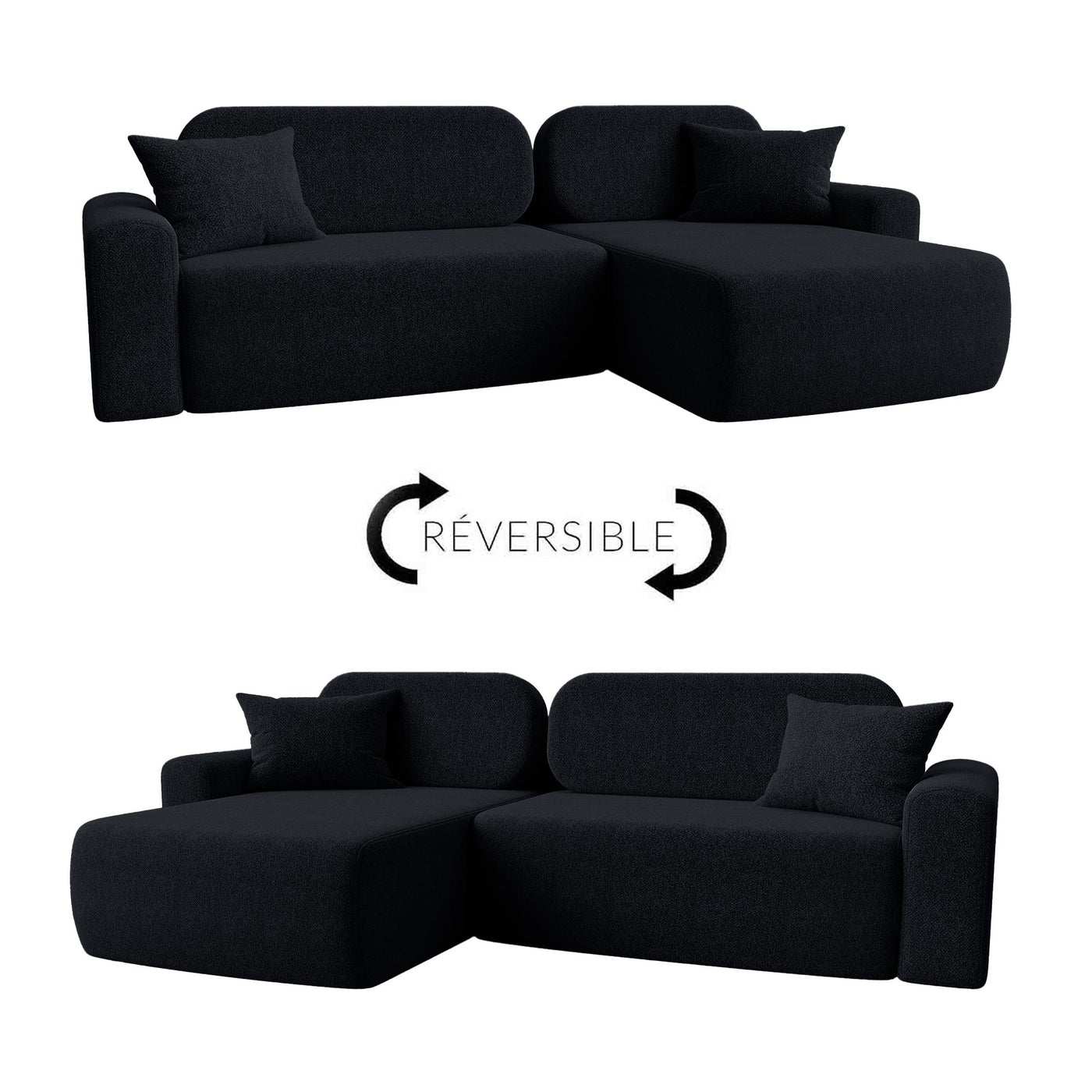 MAJI Canapé d'angle réversible convertible avec coffre en tissu noir