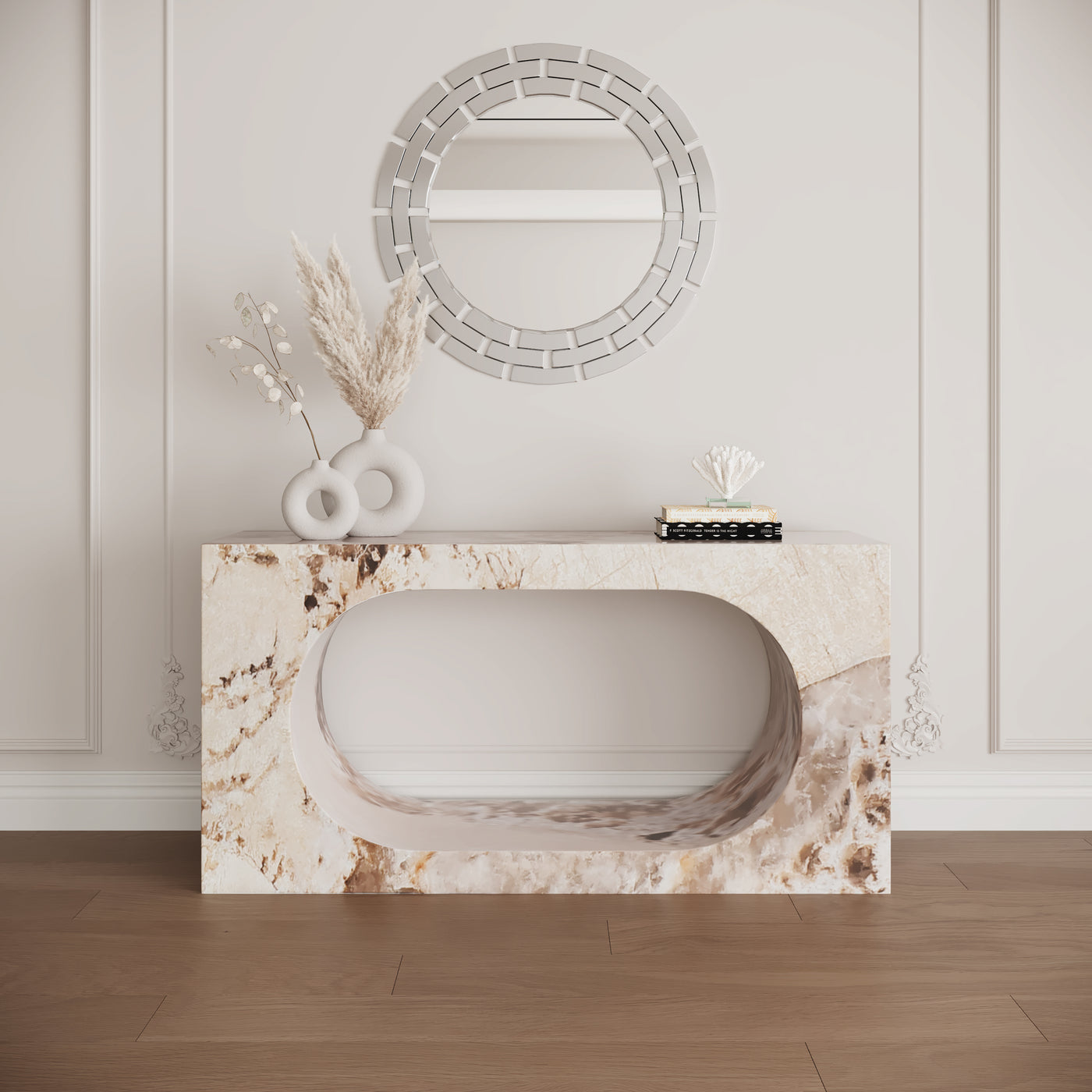 MANYA Console rectangulaire marbre d'ingénierie beige et marron