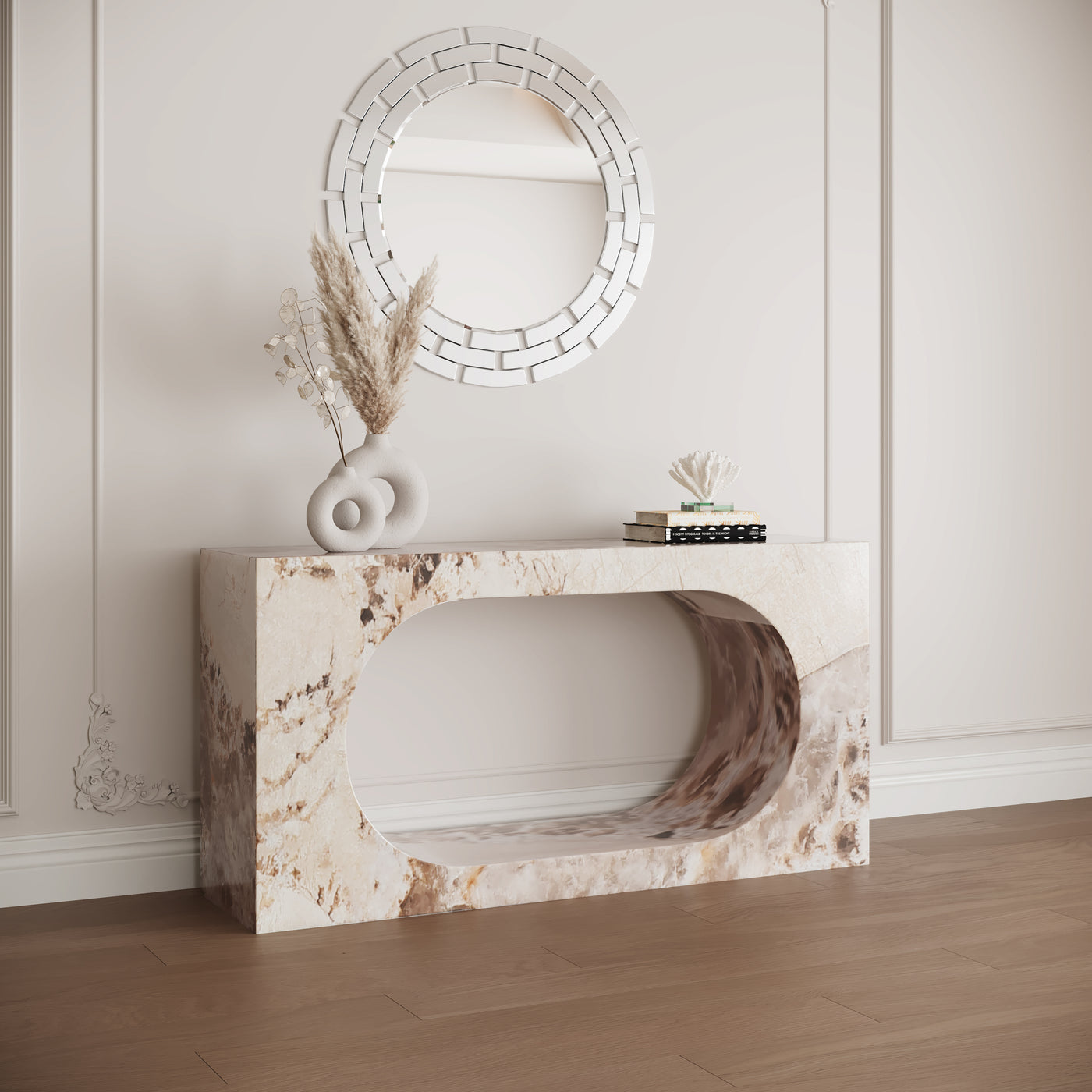 MANYA Console rectangulaire marbre d'ingénierie beige et marron