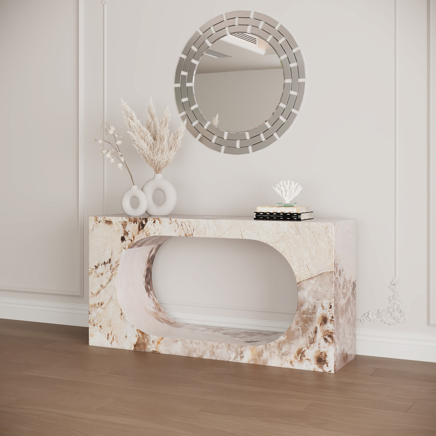 MANYA Console rectangulaire marbre d'ingénierie beige et marron
