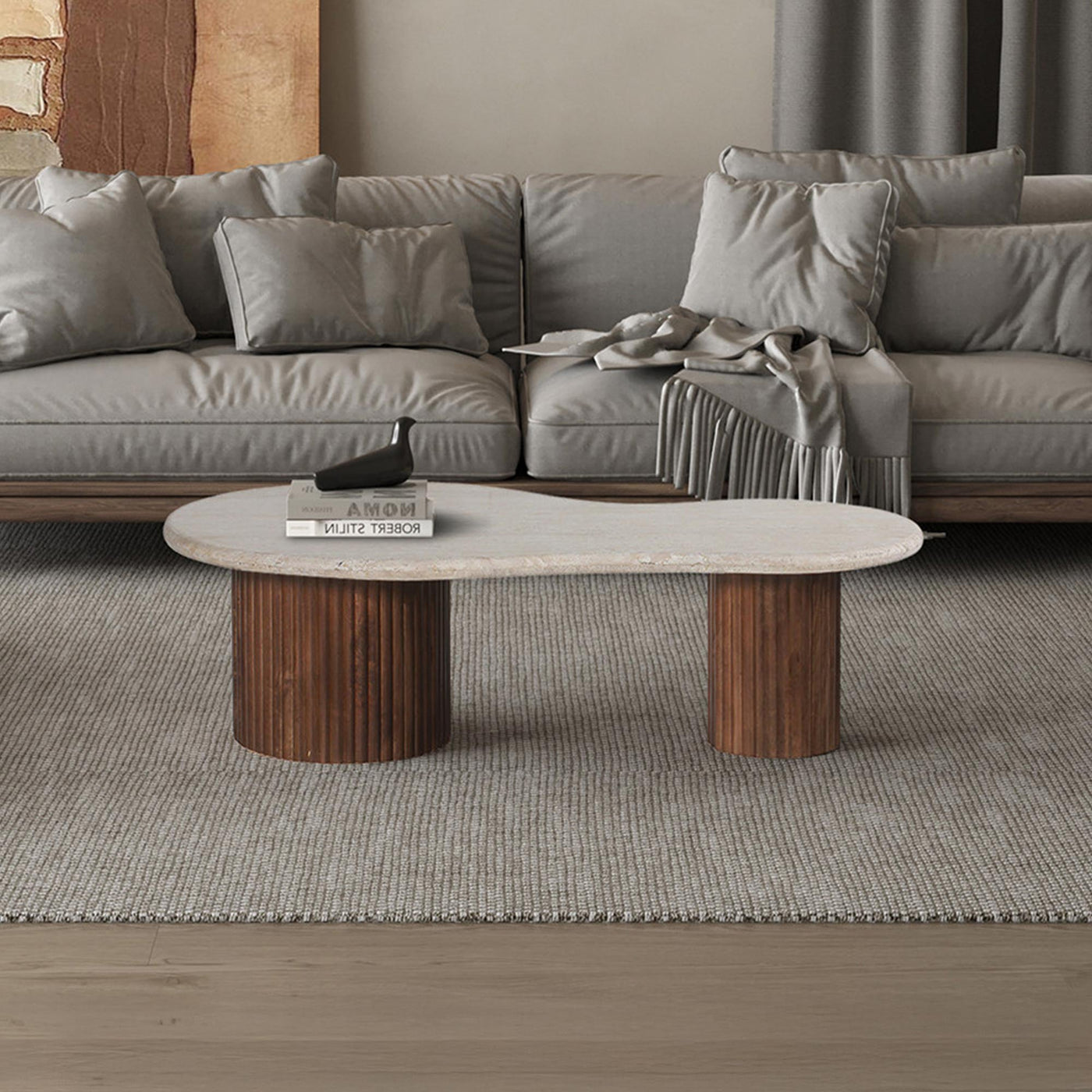 MARLON Table basse en bois de manguier et travertin - Table basse - Mobilier Deco