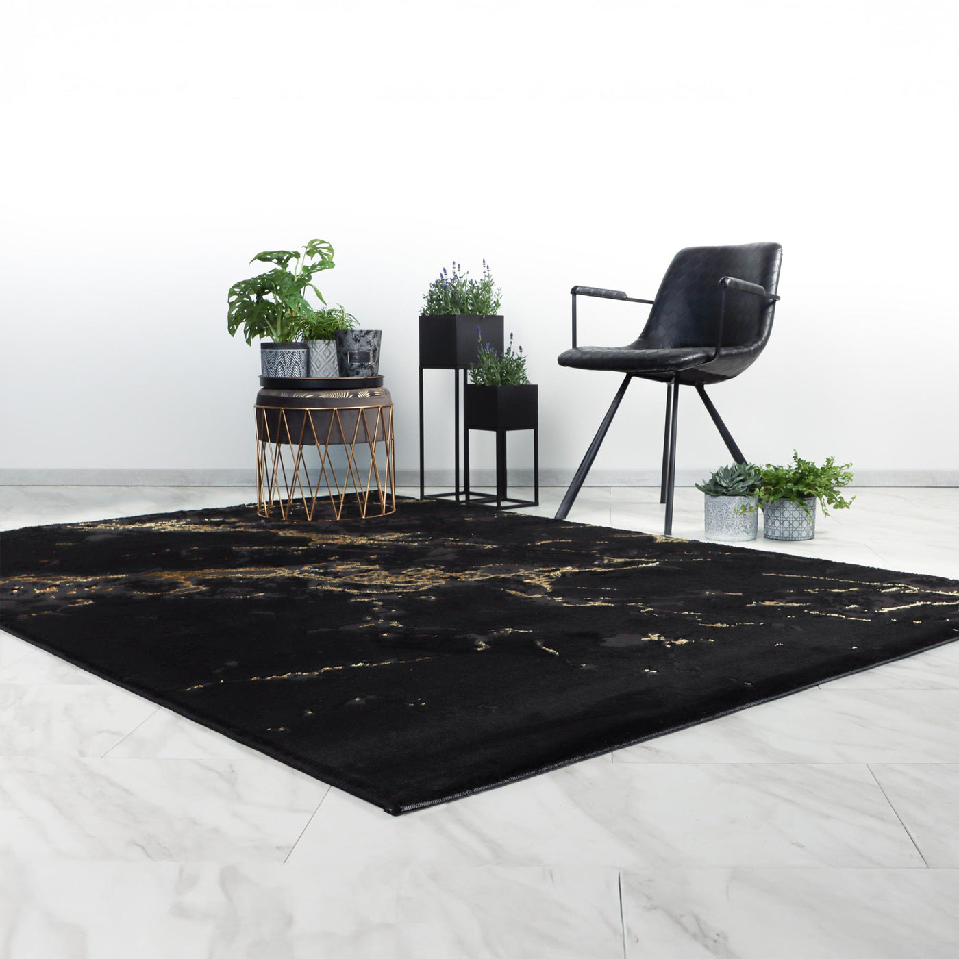 MARMARIS Tapis en tissu à veinure marbré noir et doré -160x230 cm