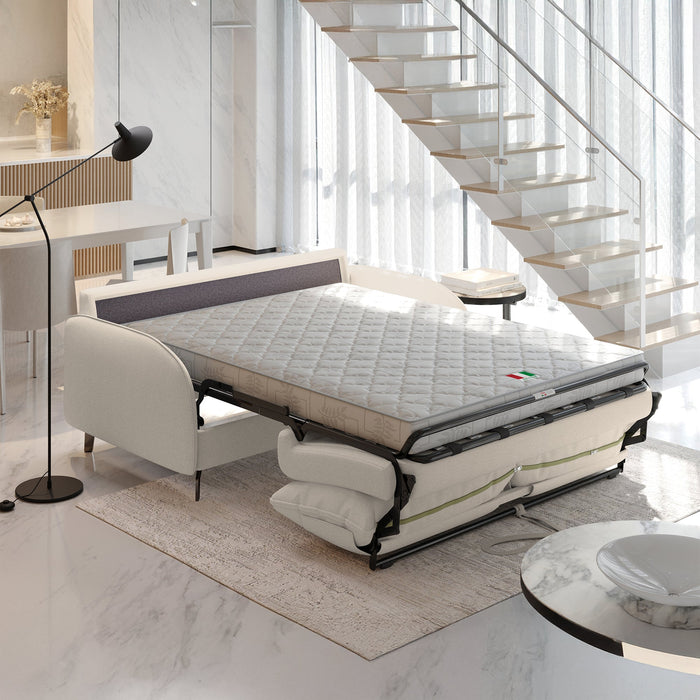 MARTINE Canapé 3 places convertible en tissu beige matelas 14 cm