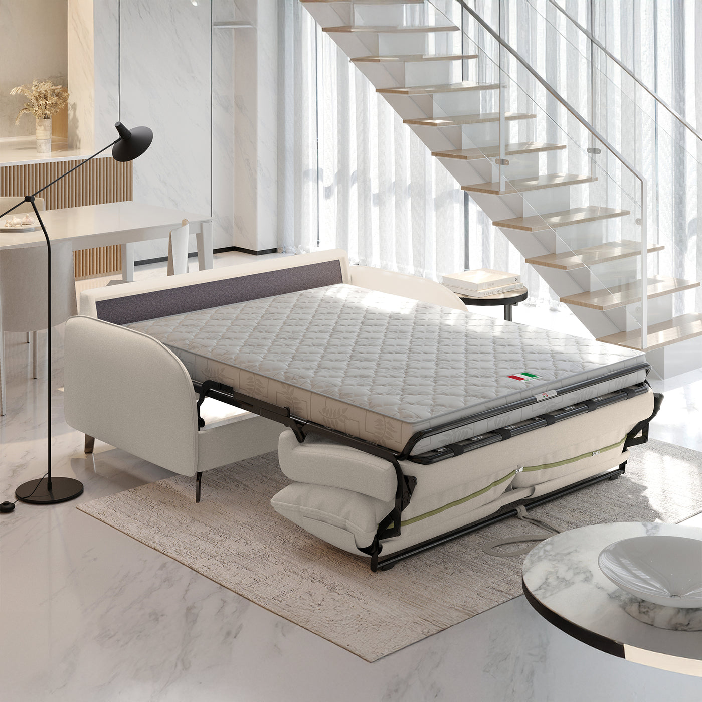 MARTINE Canapé 3 places convertible en tissu beige matelas 14 cm