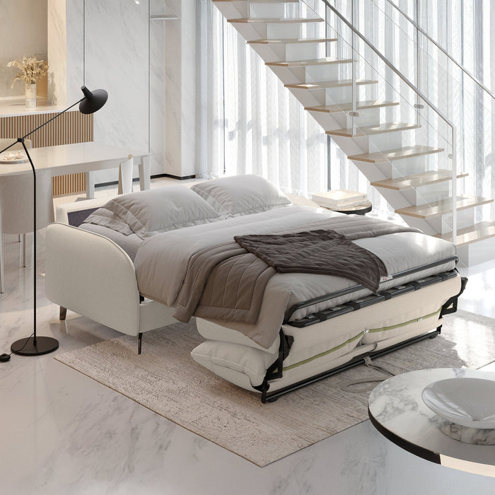 MARTINE Canapé 3 places convertible en tissu beige matelas 14 cm
