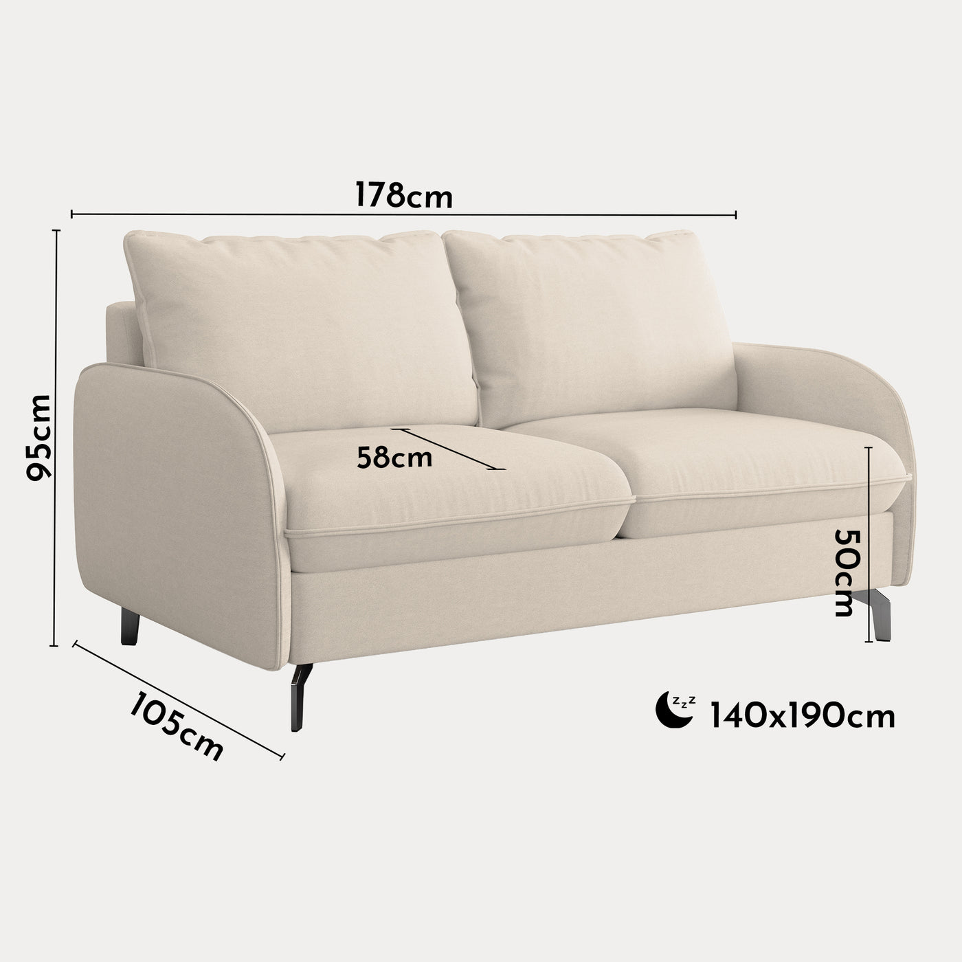 MARTINE Canapé 3 places convertible en tissu beige matelas 14 cm