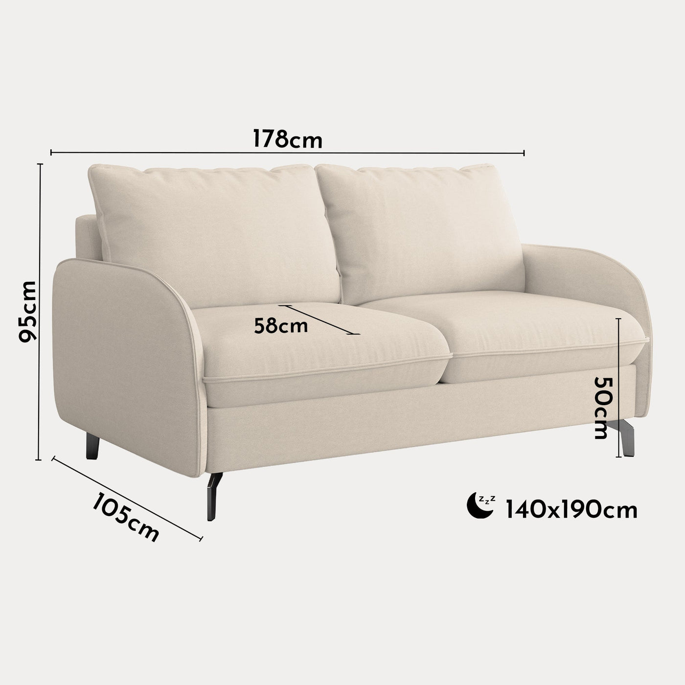 MARTINE Canapé 3 places convertible en tissu beige matelas 14 cm - Canapés convertibles - Mobilier Deco