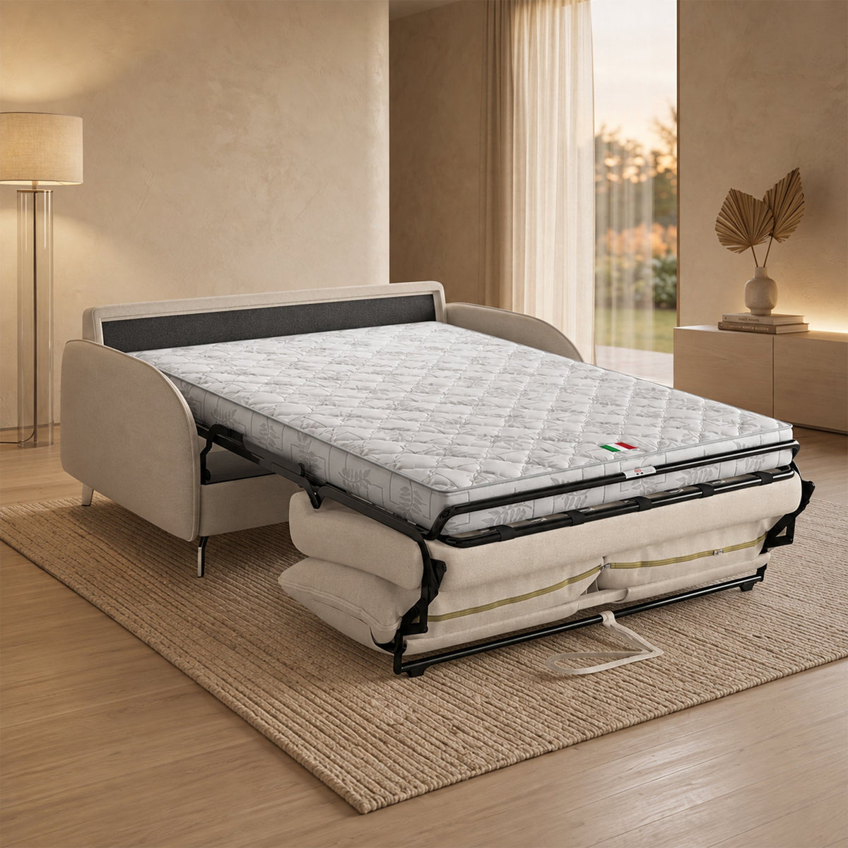 MARTINE Canapé 3 places convertible en tissu beige matelas 14 cm - Canapés convertibles - Mobilier Deco