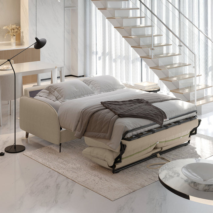 MARTINE Canapé 3 places convertible en tissu taupe matelas 14 cm