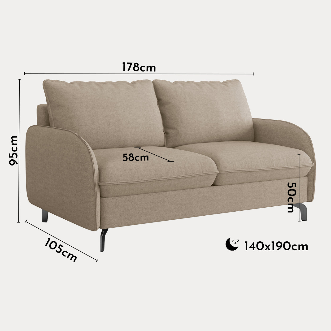 MARTINE Canapé 3 places convertible en tissu taupe matelas 14 cm