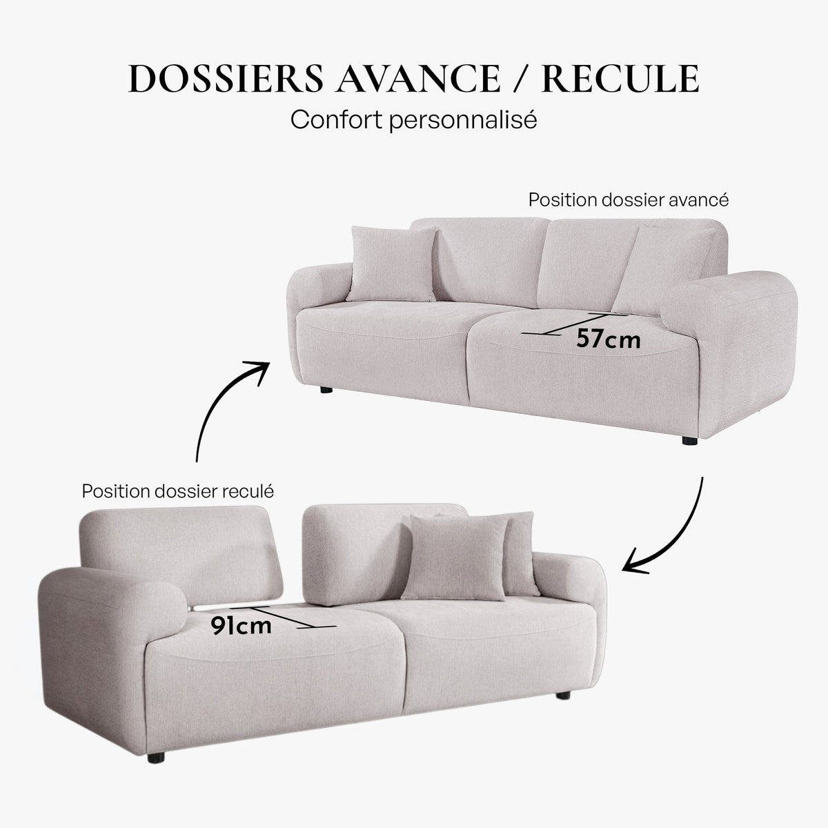 MARY Canapé 3 places avec dossier amovible en tissu beige - Canapés fixes - Mobilier Deco