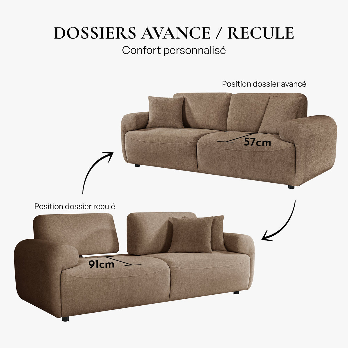 MARY Canapé 3 places avec dossier amovible en tissu taupe - Canapés fixes - Mobilier Deco