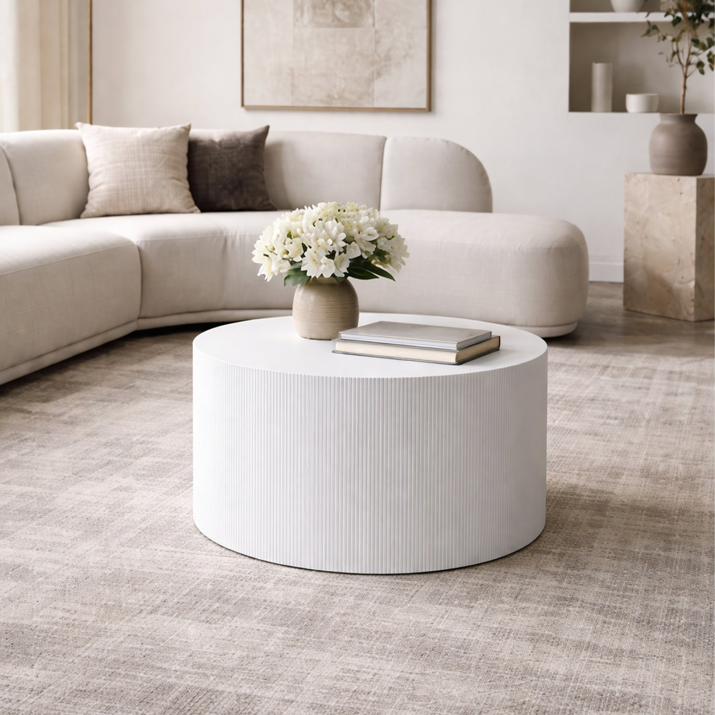 MELIA Table basse ronde en marbre d'ingénierie blanc D70 cm