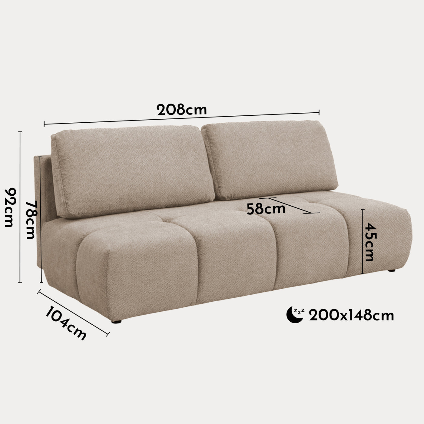 MELVA Canapé 3 places convertible avec coffre en tissu beige