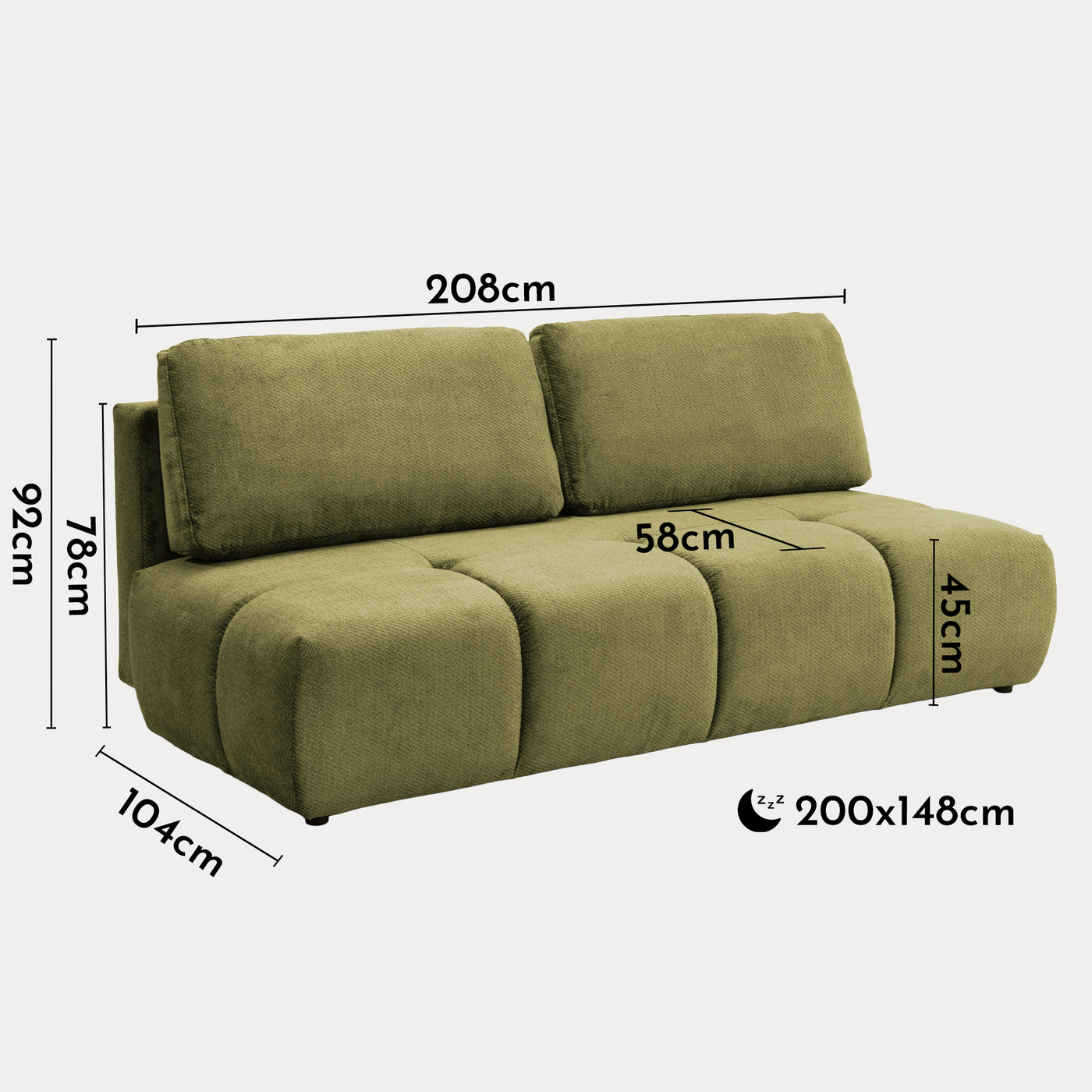 MELVA Canapé 3 places convertible avec coffre en tissu vert