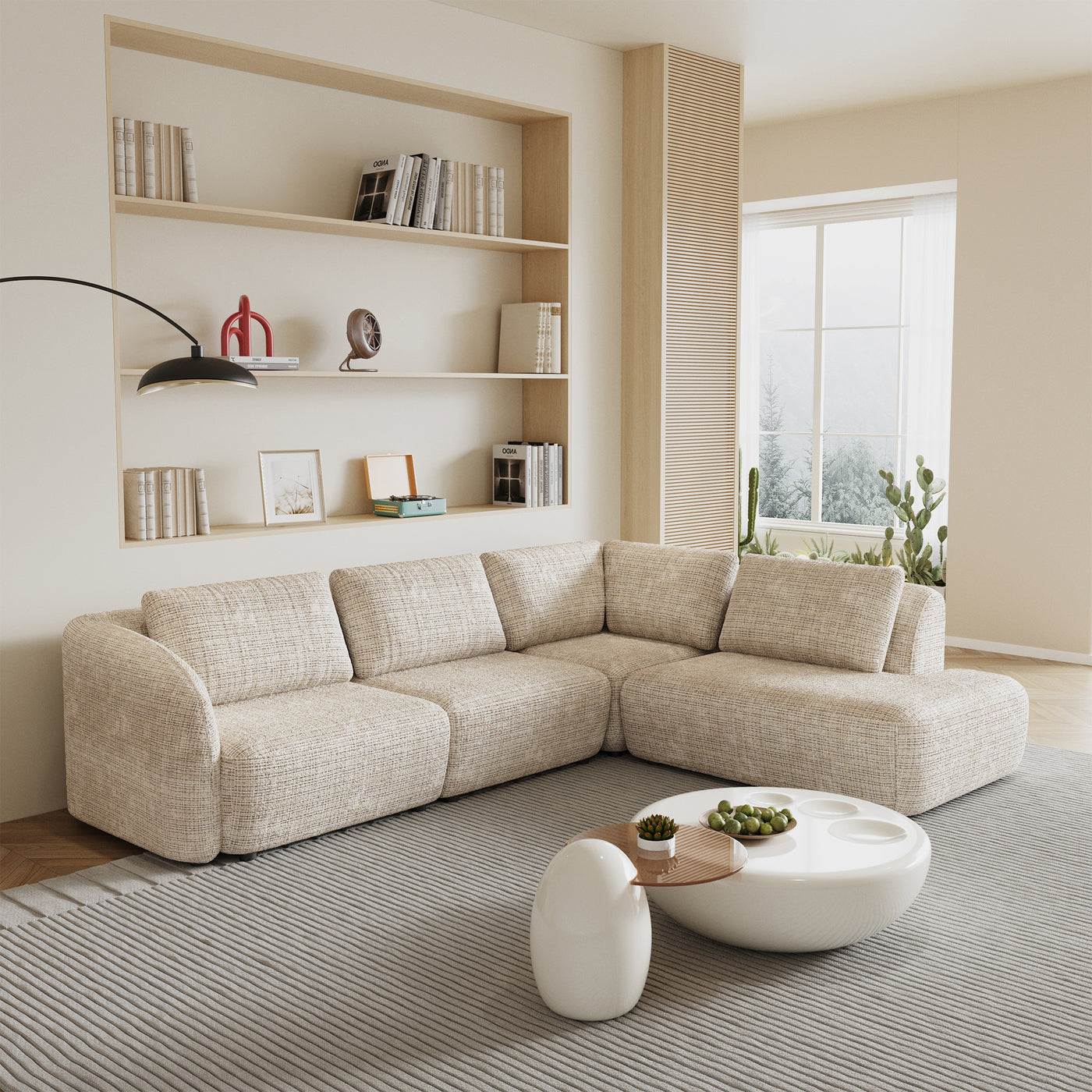 MERYA Canapé d'angle modulable en tissu beige - Angle droit