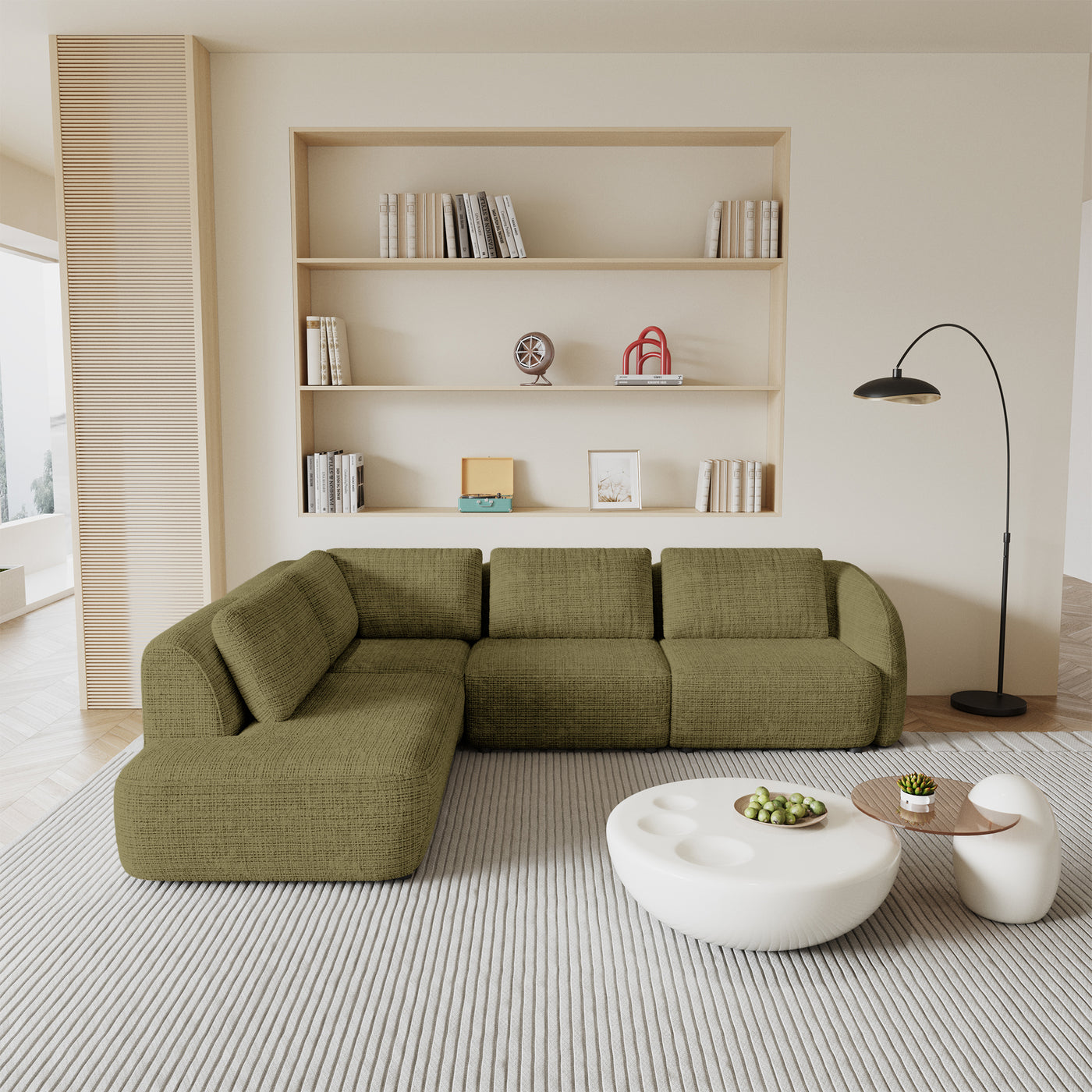 MERYA Canapé d'angle modulable en tissu vert olive - Angle gauche
