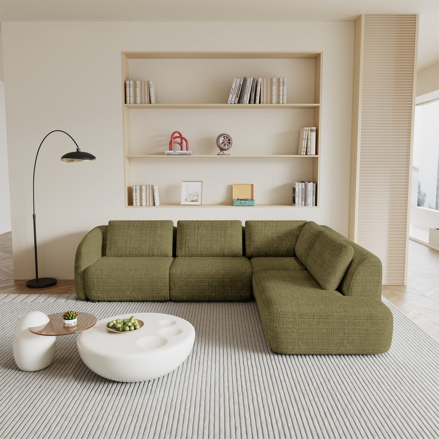 MERYA Canapé d'angle modulable en tissu vert olive - Angle droit - Canapés d'angle - Mobilier Deco