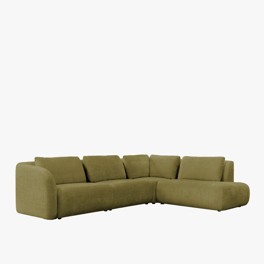 MERYA Canapé d'angle modulable en tissu vert olive - Angle droit — aperçu vidéo