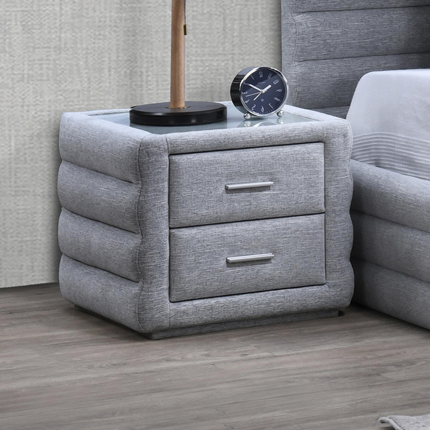 MEZZA Table de chevet 2 tiroirs tissu chiné gris - Table de chevet - Mobilier Deco