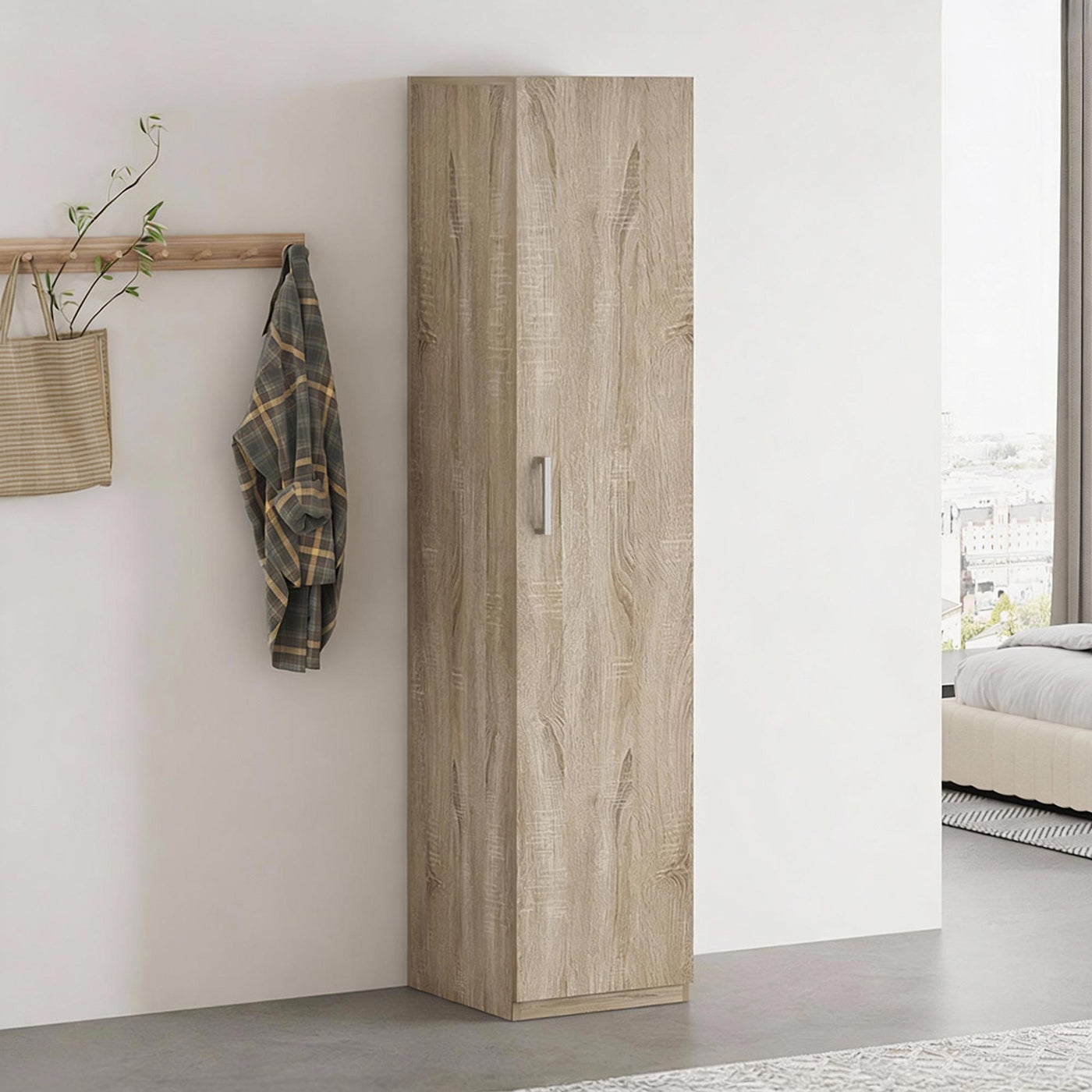 MIKE Armoire 1 porte 4 étagères couleur chêne clair