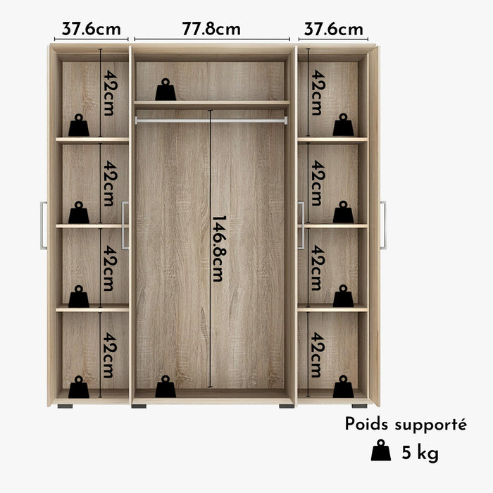 MIKE XXL Armoire 4 portes 7 étagères et penderie couleur chêne clair