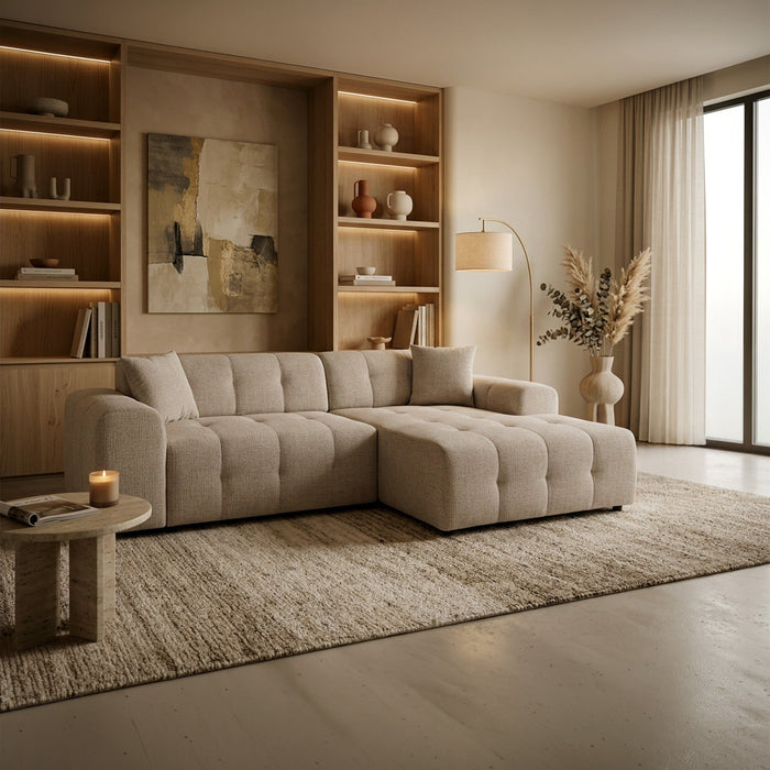 MILAN Canapé d'angle convertible en tissu beige - Angle droit Mobilier Deco