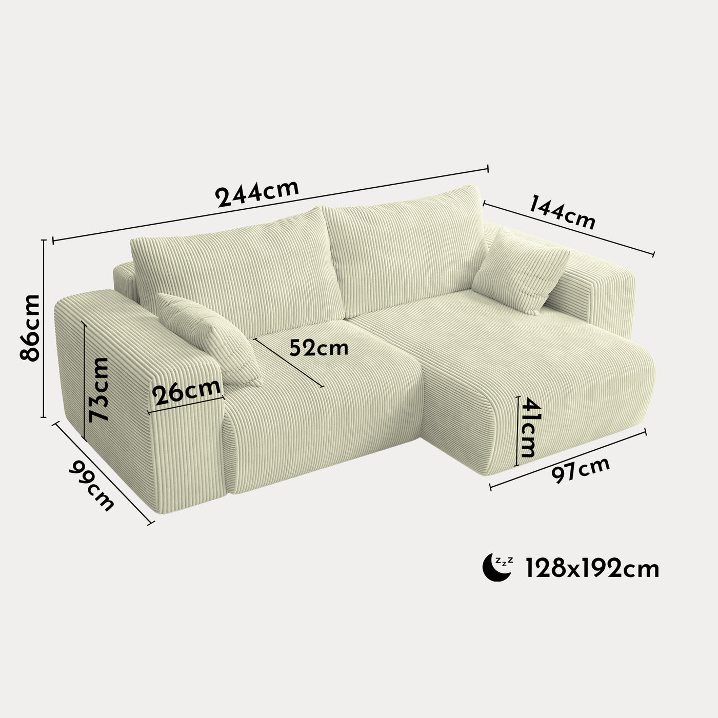 MILEA Canapé d'angle convertible et réversible en velours côtelé beige