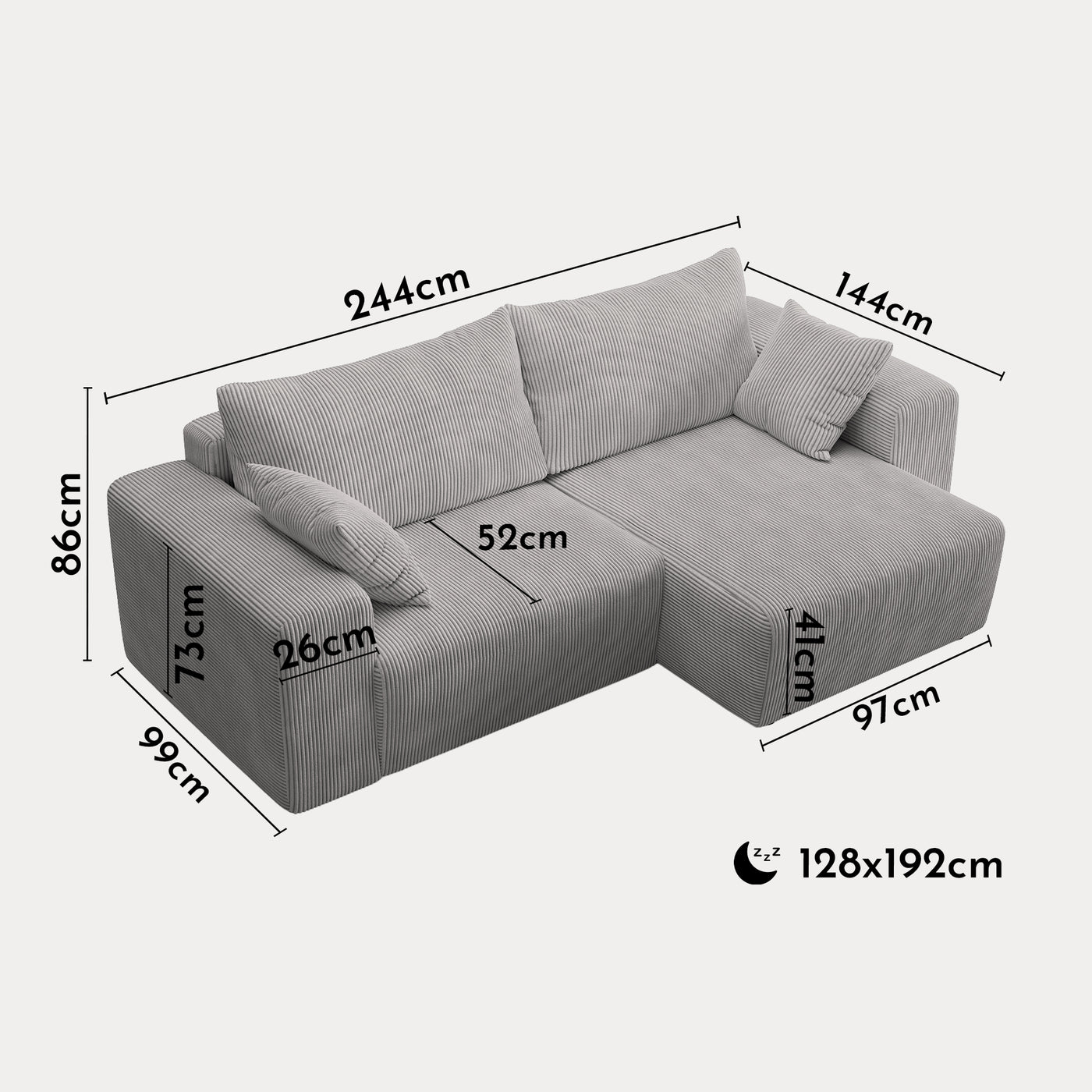 MILEA Canapé d'angle convertible et réversible en velours côtelé gris clair