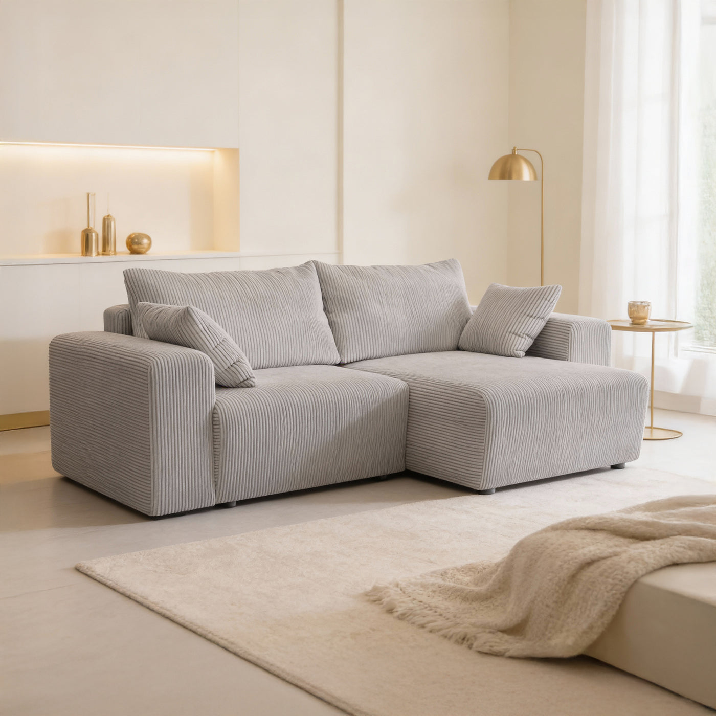 MILEA Canapé d'angle convertible et réversible en velours côtelé gris clair