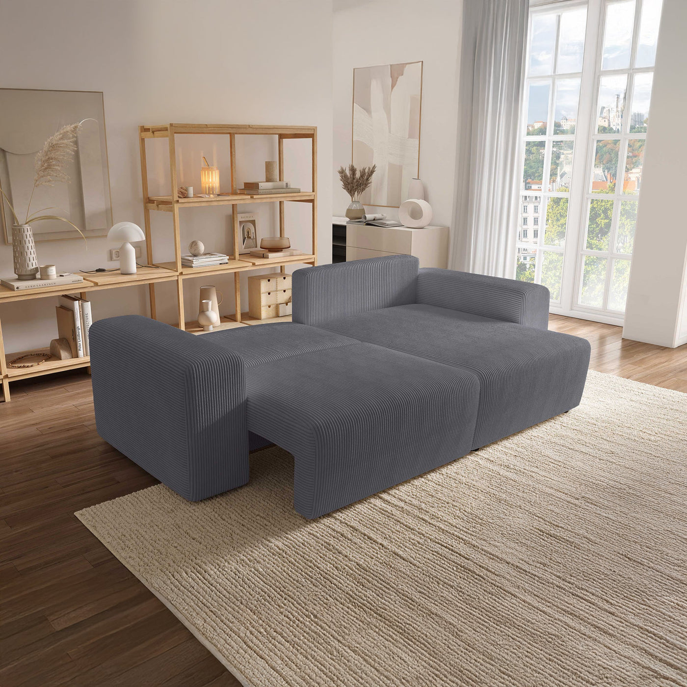 MILEA Canapé d'angle convertible et réversible en velours côtelé gris foncé - Canapé d'angle convertible - Mobilier Deco