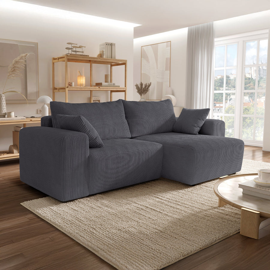 MILEA Canapé d'angle convertible et réversible en velours côtelé gris foncé — aperçu vidéo