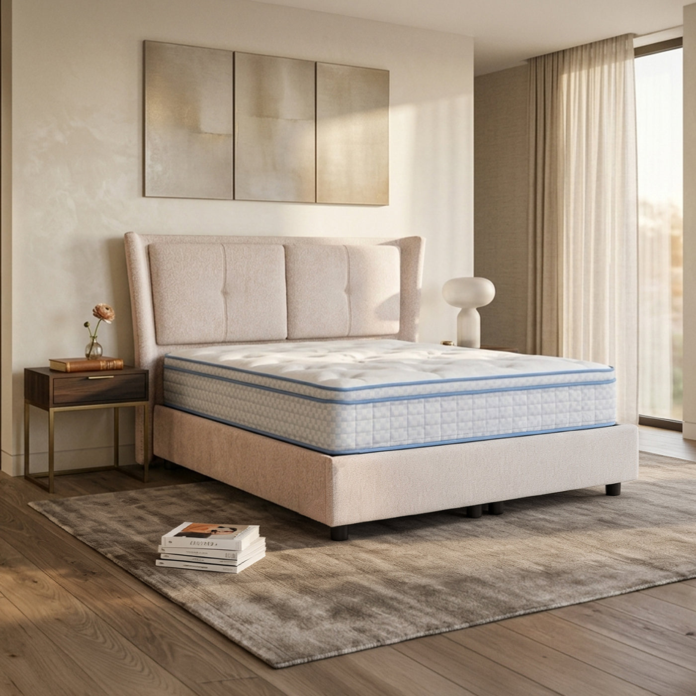 MILIA Lit coffre en tissu beige 140x190 cm
