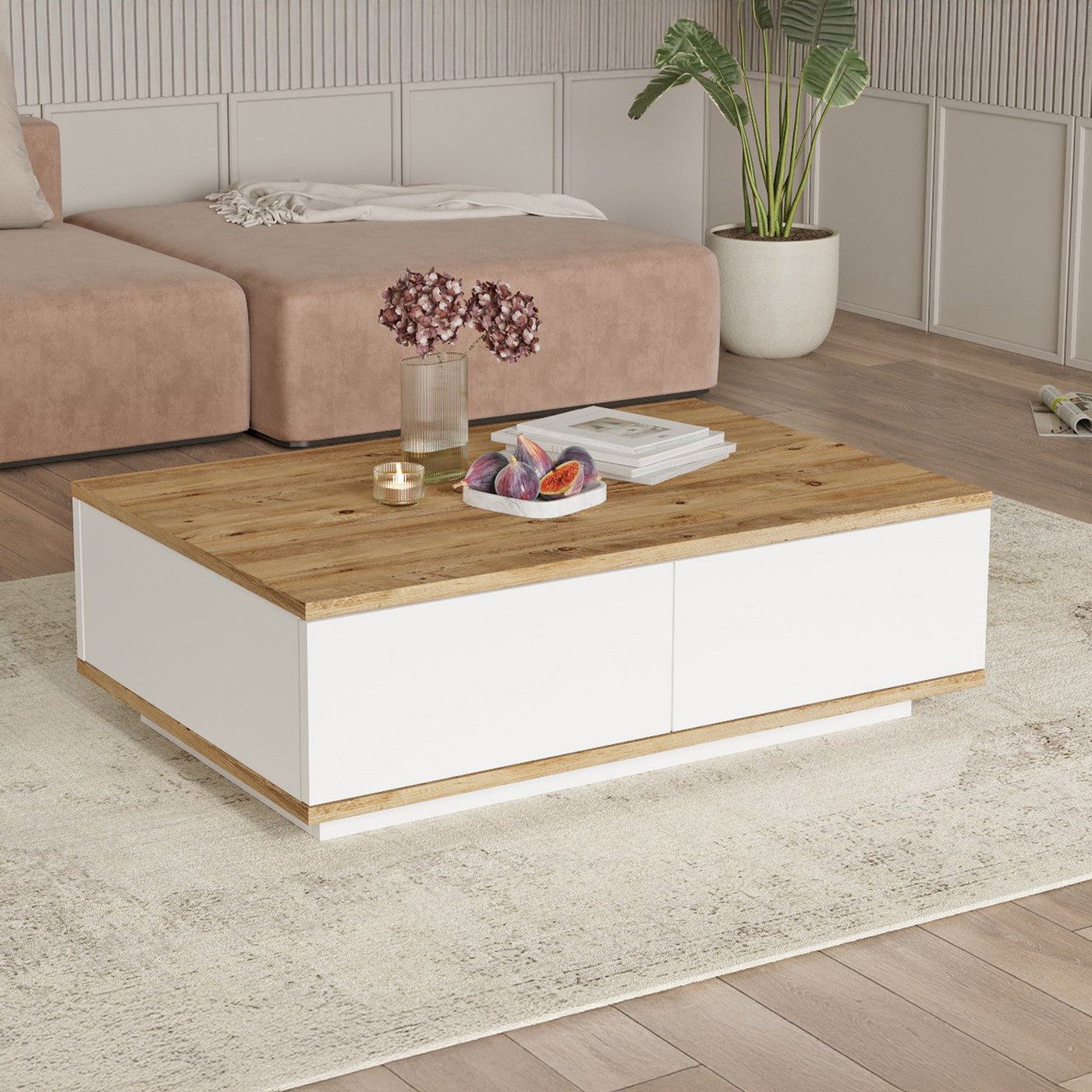 MILIE Table basse rectangulaire couleur bois et blanc avec rangement intégré
