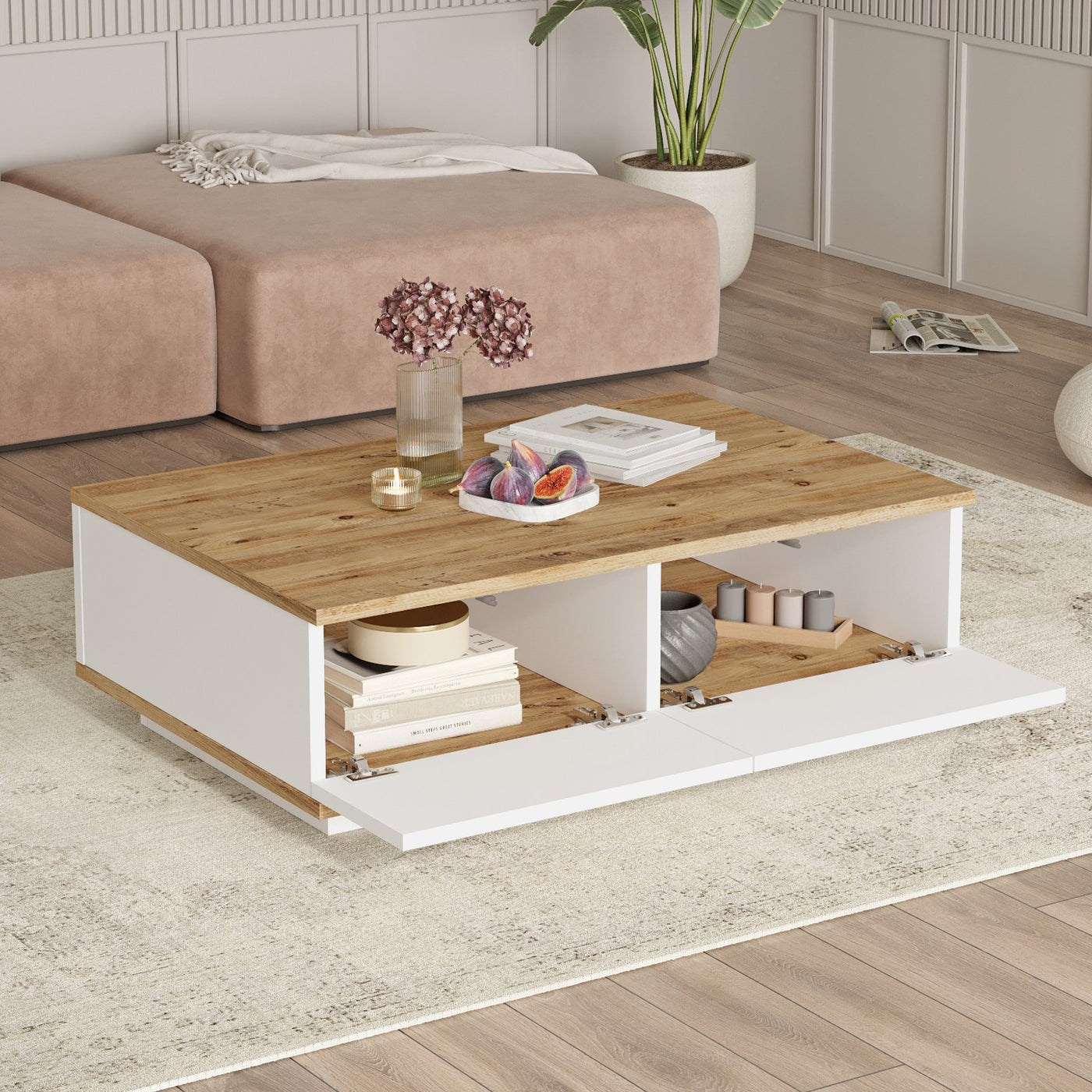 MILIE Table basse rectangulaire couleur bois et blanc avec rangement intégré