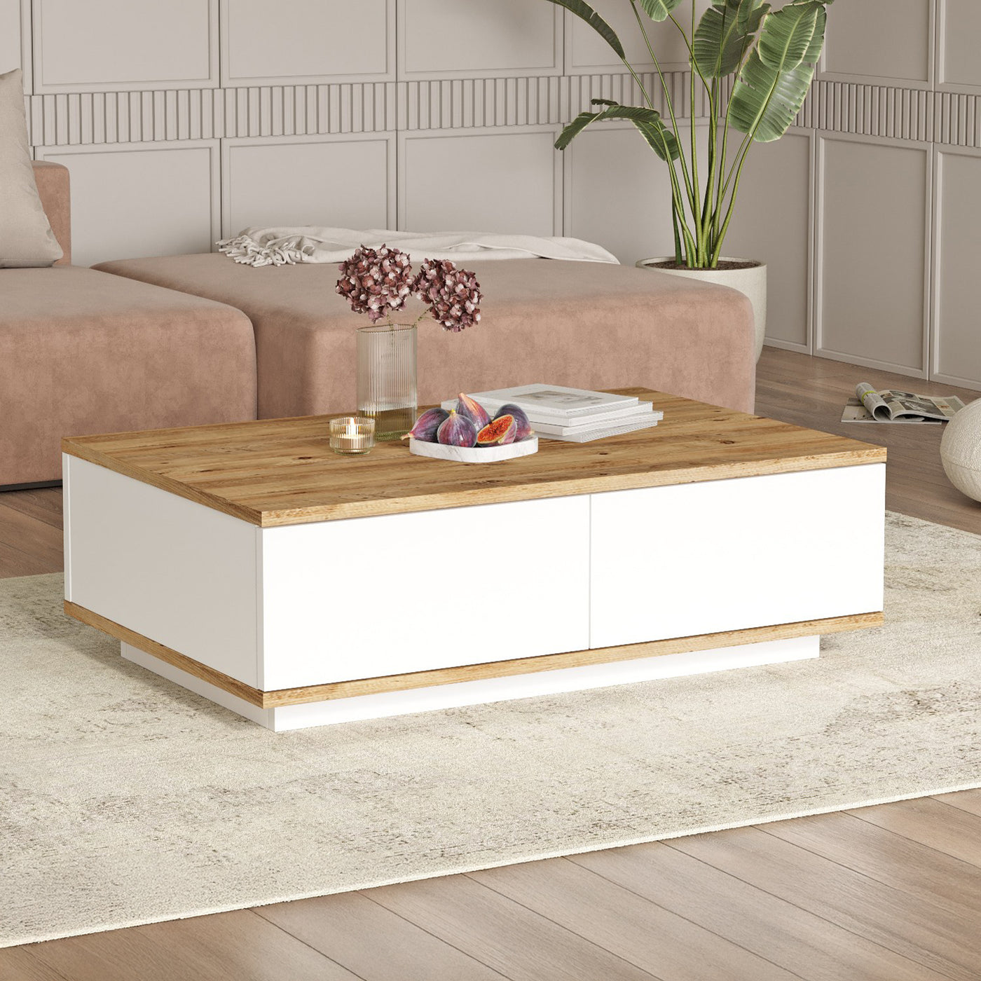 MILIE Table basse rectangulaire couleur bois et blanc avec rangement intégré