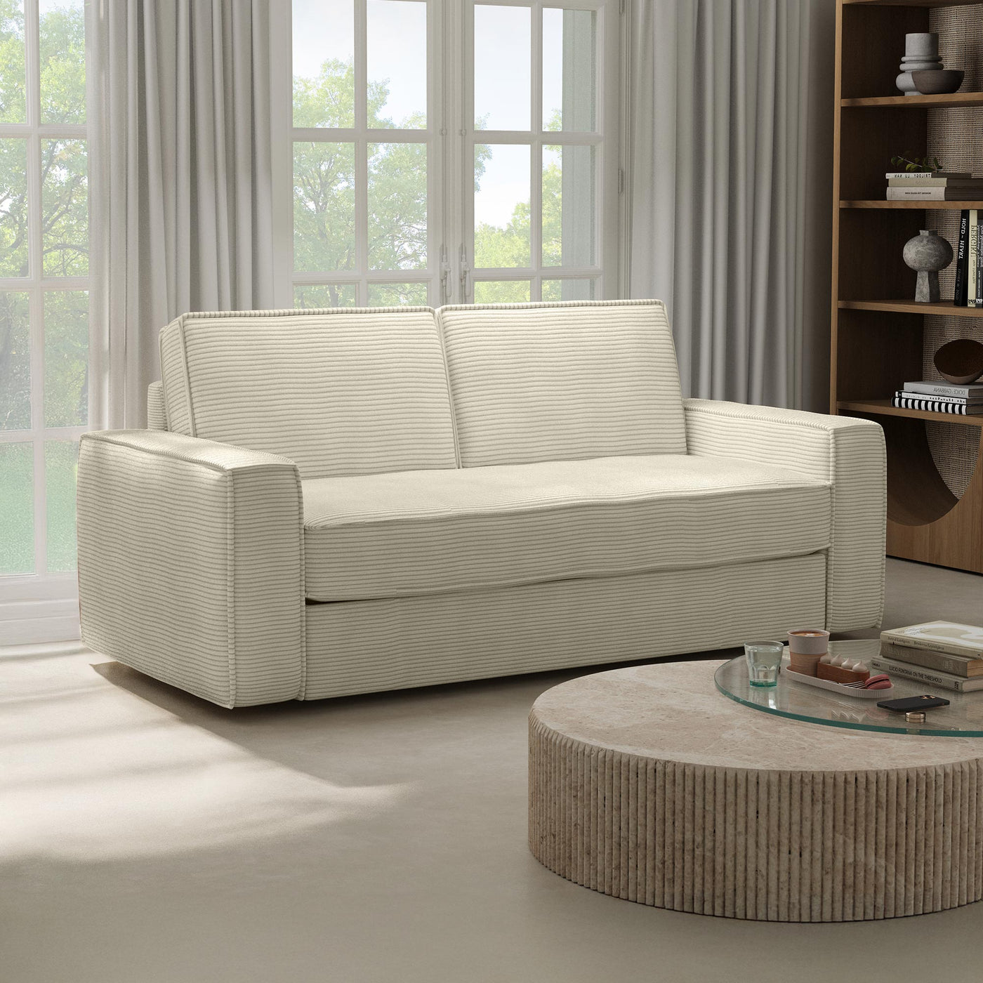 MINDY Canapé 3 places convertible velours côtelé beige matelas 14 cm