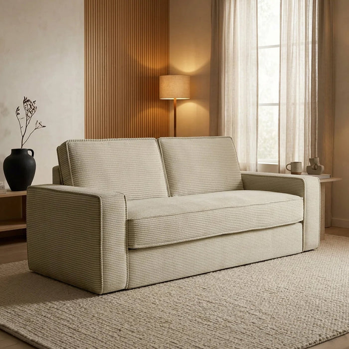 MINDY Canapé 3 places convertible velours côtelé beige matelas 14 cm – Canapés convertibles Mobilier Deco
