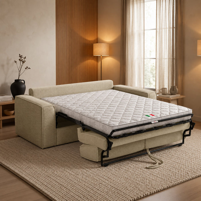 MINDY Canapé 3 places convertible velours côtelé beige matelas 14 cm – Canapés convertibles – vue 2