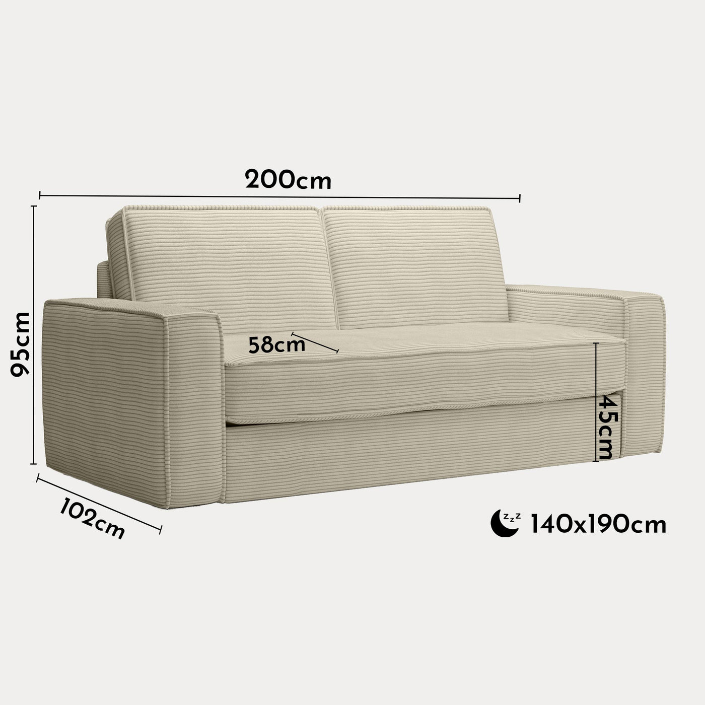 MINDY Canapé 3 places convertible velours côtelé beige matelas 14 cm